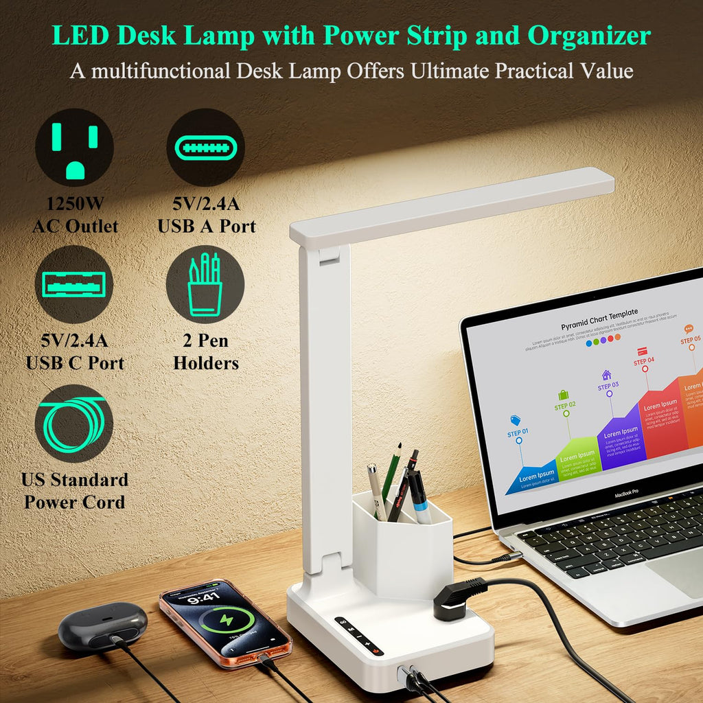 LED Desk Lamp USB A/C AC Pen Holder Dorm Home Office Desk Light White