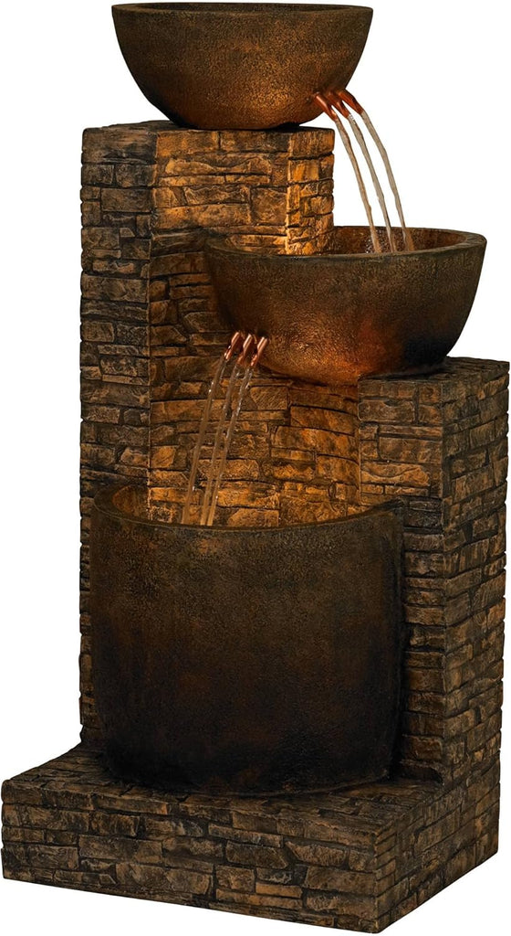 Mason 35" High Large Rustic Indoor Outdoor Decor Faux Stone Floor Fountain with Light LED Bowl Standing Tiered