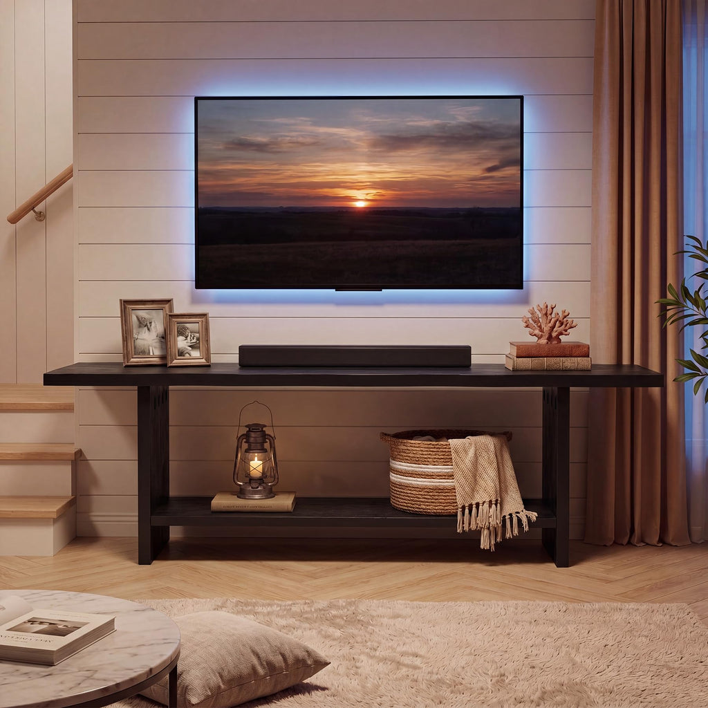 71" Solid Wood TV Stand for 55/65/75/85-Inch TV, 2-Tier TV Table