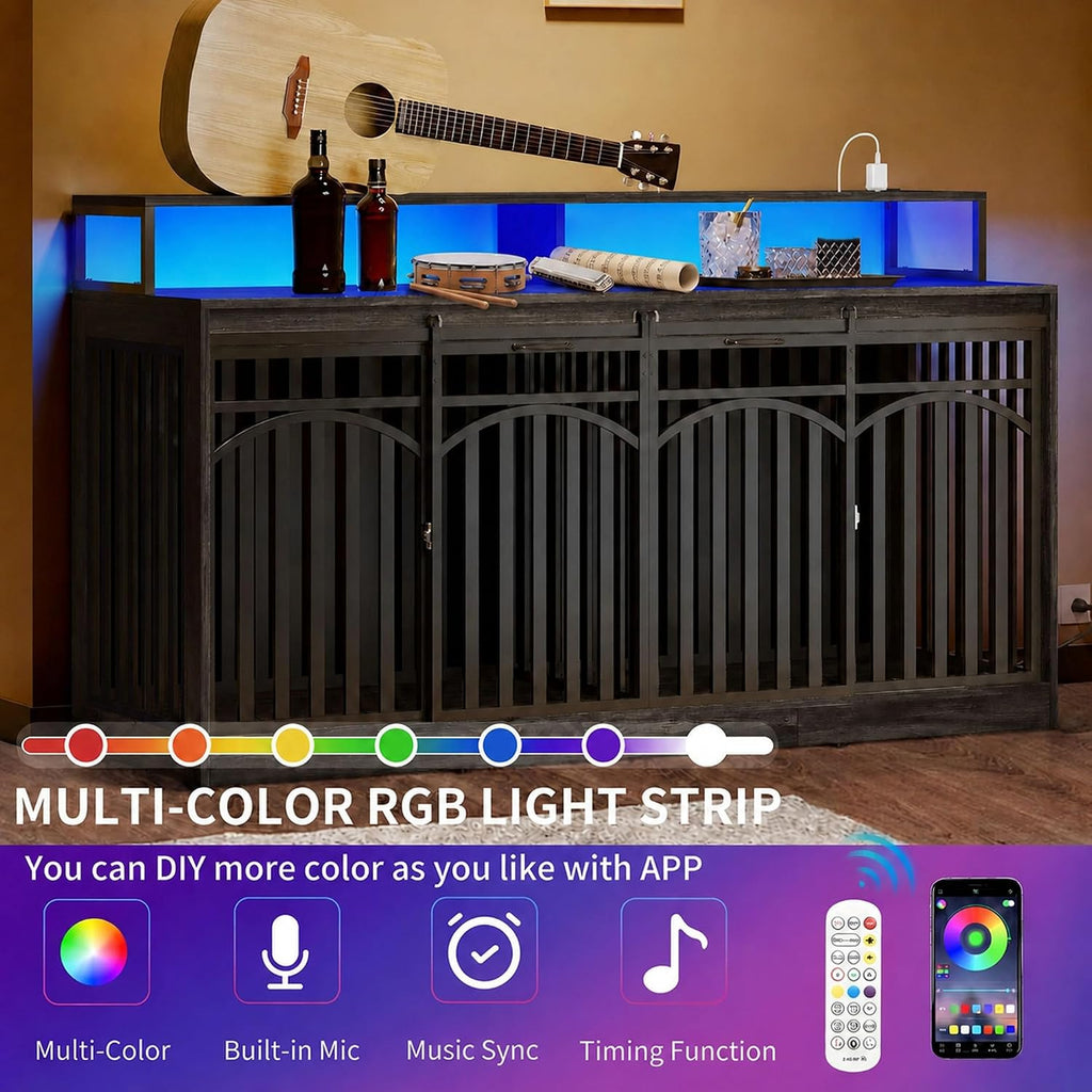Double Dog Crate Furniture with Power Outlets & LED Light