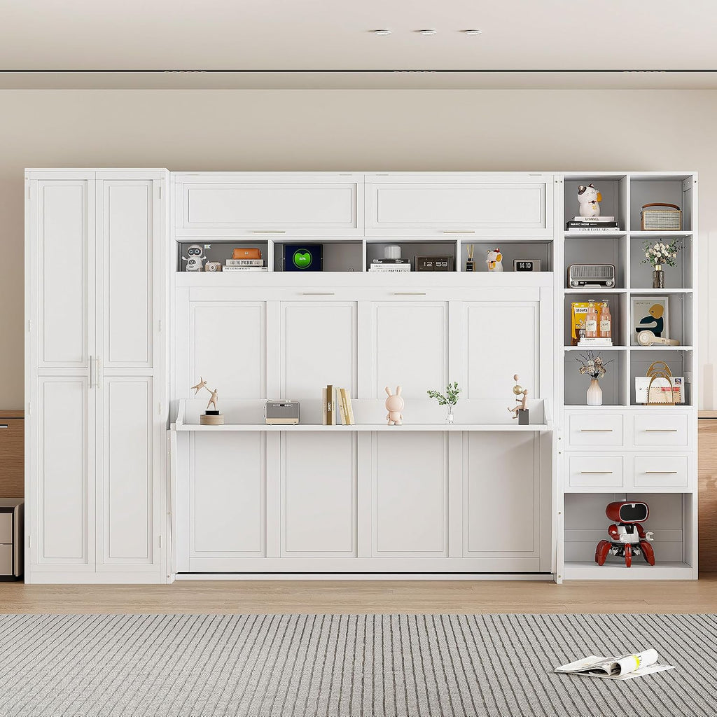 Queen Murphy Bed with Tall 90.6" Closet Wardrobe & Shelves & Drawers, All-in-One Multi-Storage Side Flip Wood MDF