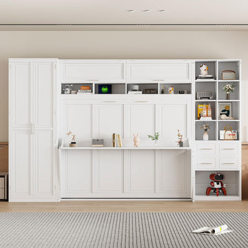 Queen Size Murphy Bed, Wood Wall Bed with Closet, Drawers and Shelves, White