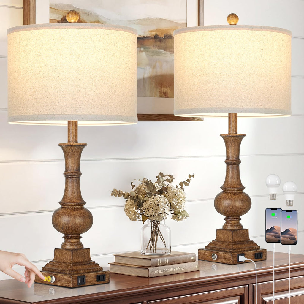 26" Tall Farmhouse Rustic Table Lamps Set of 2, Vintage Retro Nightstand Table Lamp with USB C+A Charging Ports & AC