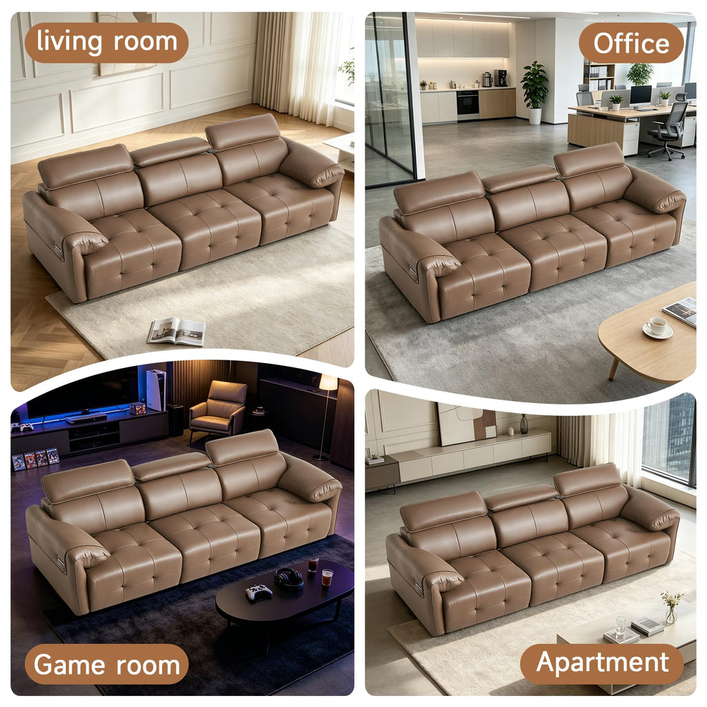 Electric Pull Out Couch With Adjustable Headrests, Genuine Leather Power Recliner Sofa with Extendable Footrest