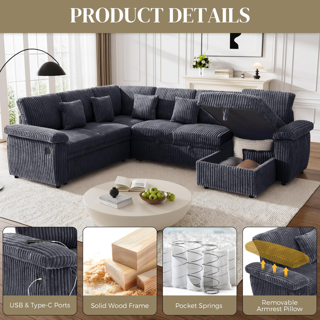 Sectional Sleeper Sofa, Fluffy Soft Corduroy Couch with Pull Out Bed and Storage Chaise, Modern Comfy U Shaped Couch