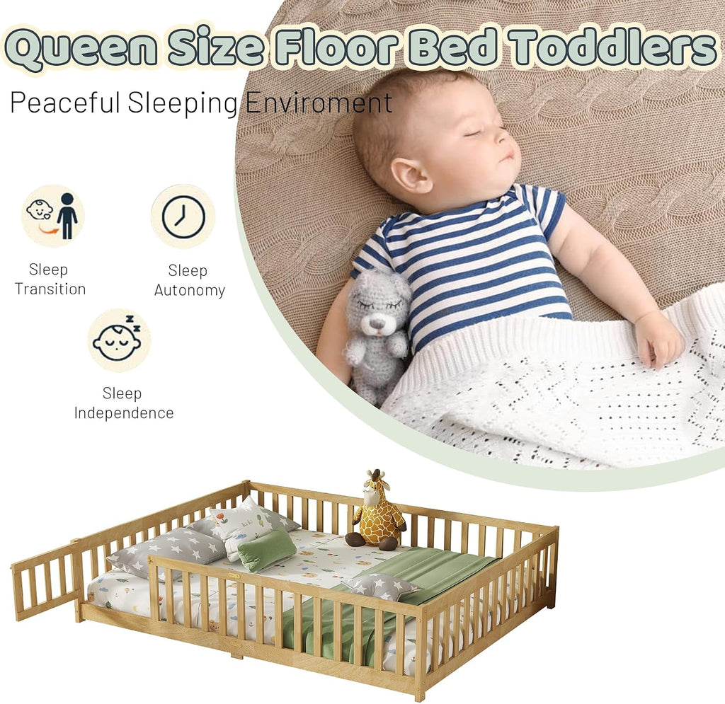 Floor Bed with Safety Guardrails for Kids, Rubber Wood Montessori Bed with Slats and Convertible Door