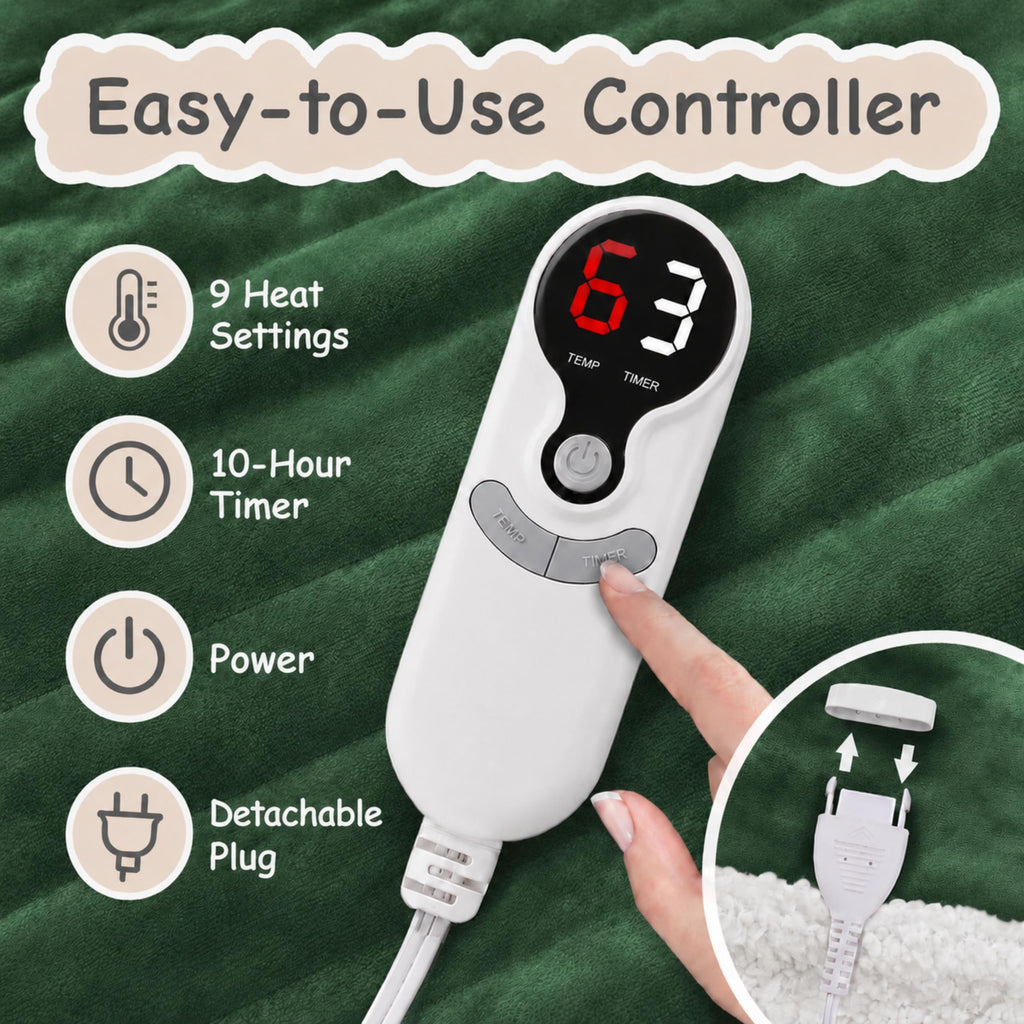 Electric Heated Blanket 84"x90", 9 Heat Settings 10-Hour Auto-Off