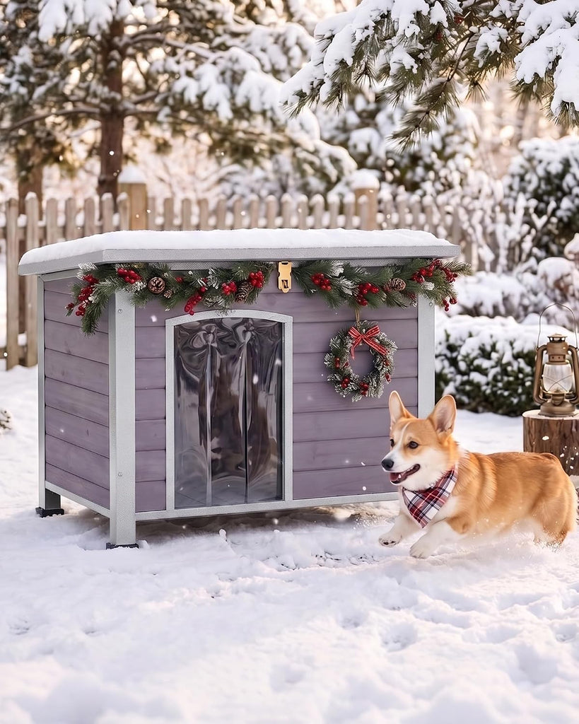 Feral Dog House Outdoor, Anti Bite Iron Frame Dog Kennel, Wood Warm Pets Home, Insulated Weatherproof Outside Shelter