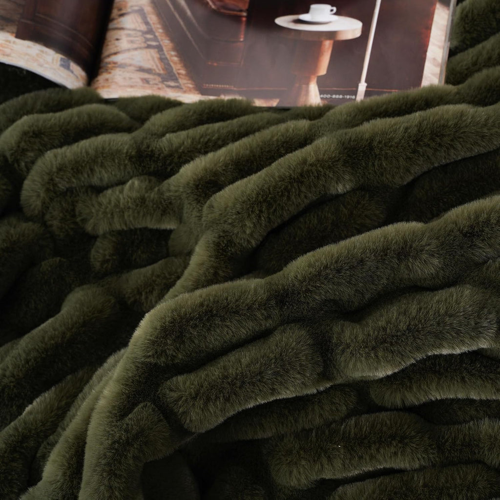 Super Soft Faux Fur Throw Blanket for Couch, 50"x60", Double Side | Olive Green Throw Blanket, Bubble Blanket, Cozy