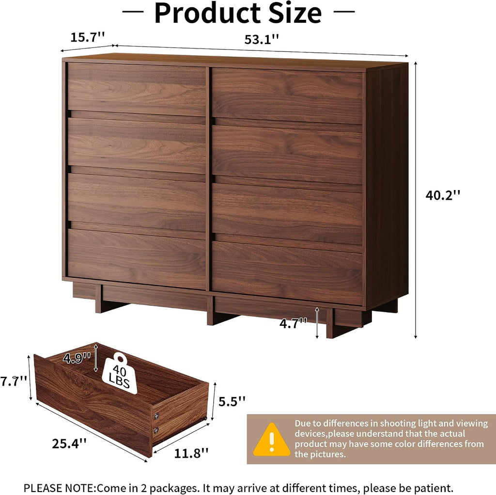 Walnut Dresser , 53.1" Wide 8 Drawer Dresser, Mid Century Modern Dressers Chest of Drawers, Wooden Large Dressers