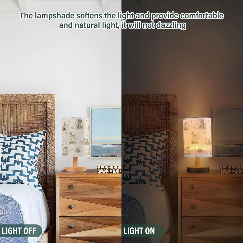 Bedside Table Lamp Woodland Animals Nightstand Lamp with Wood Forest Fox Deer Rabbit Bird Bear Mushroom Desk Lamps