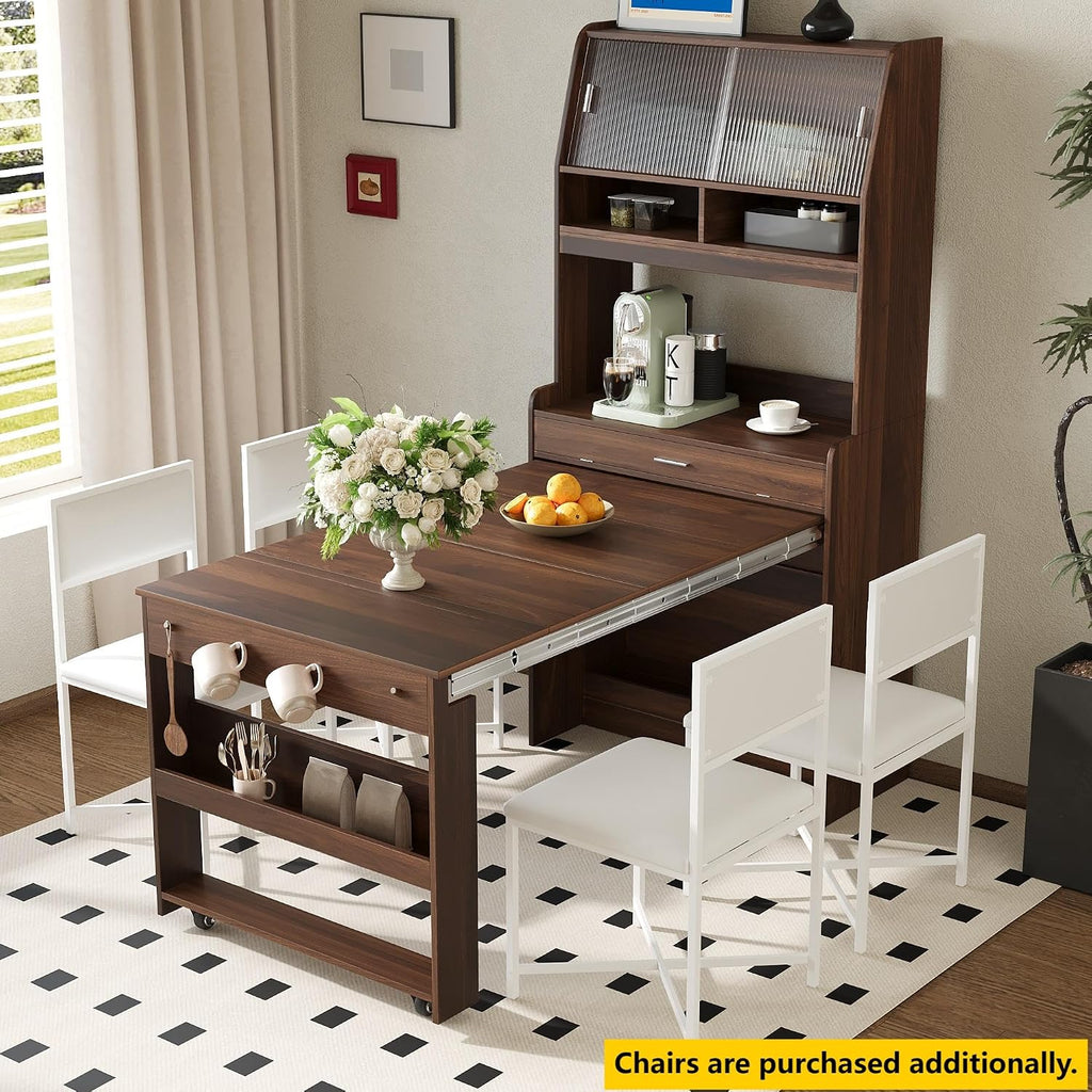 69 Inch Buffet with Hutch and Foldable Dining Table, Walnut | Walnut finish, MDF, dining room or apartment, foldable