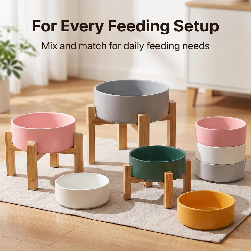 Ceramic Elevated Dog Bowl with Bamboo Stand, for Small & Medium Dog, White