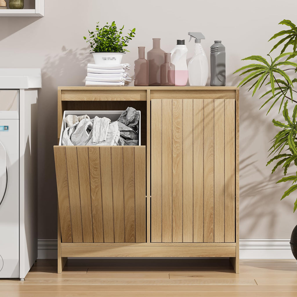Double Tilt Out Laundry Hamper Cabinet, Hidden Laundry Cabinet with Double Baskets, Natural Trash Can