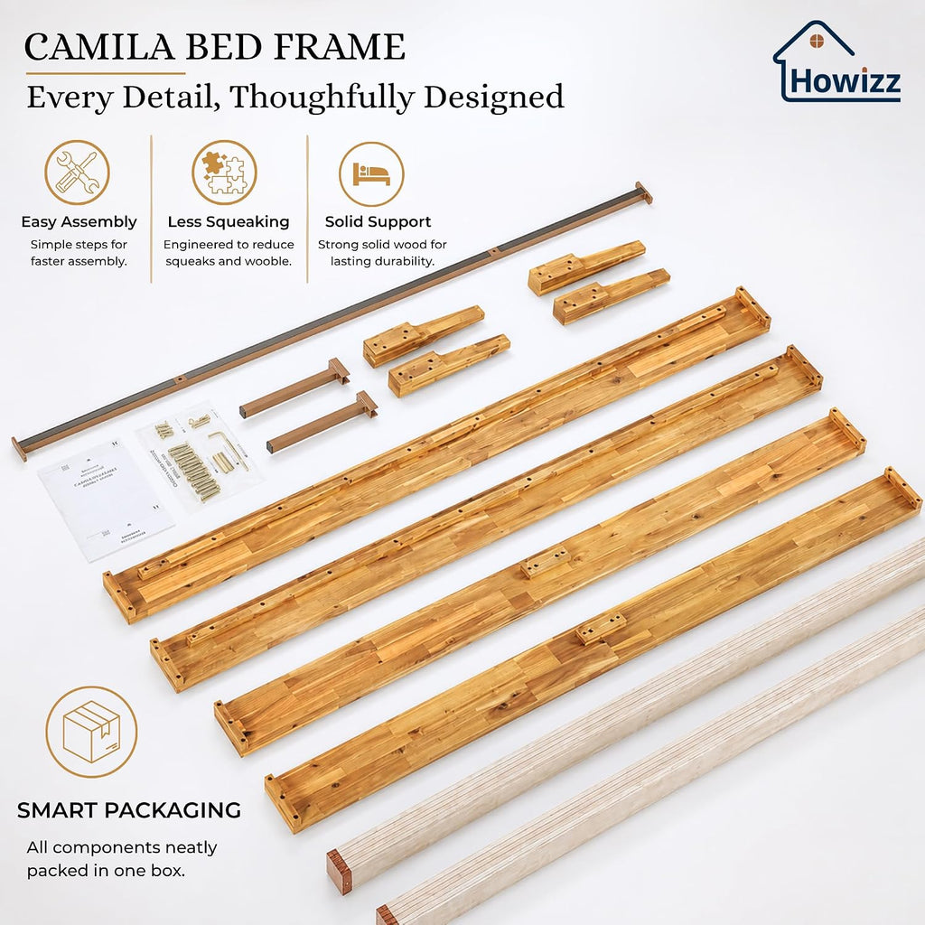 Camila 14'' Luxury Acacia Wood Bed Frame - Heavy Duty Platform, Japanese Joinery Bed Frame, No Box Spring