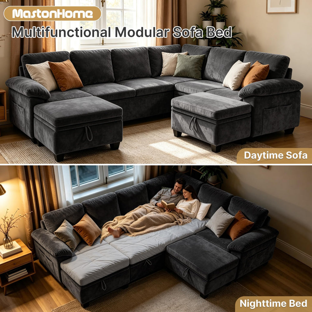 Oversized Sectional Sleeper Couch, 8 Seat Modular Sofa Pull-Out Storage Bed