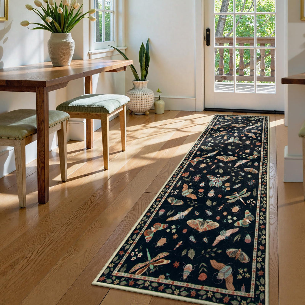 Insect Washable Entryway Runner Rug 2x6, Botanical Bug Hallway Rug