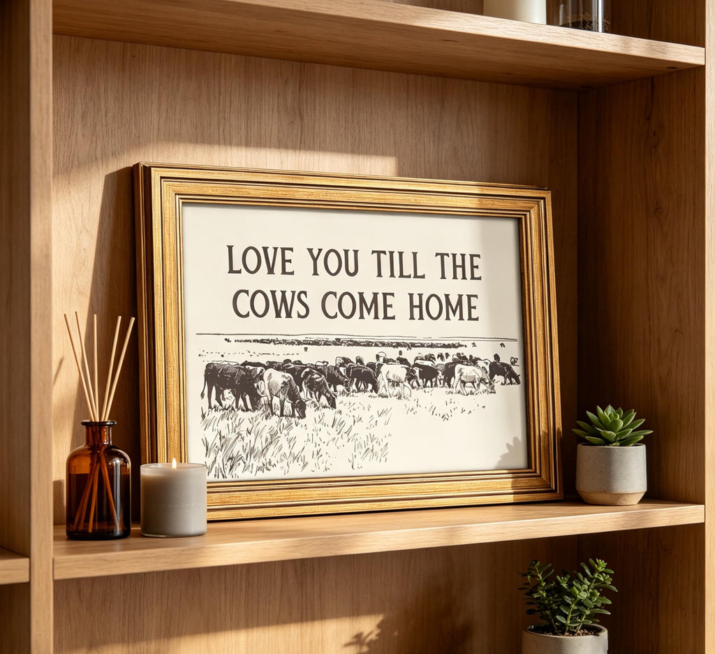 Vintage Gold Framed Cow Wall Art, Western Cowboy Country Landscape Painting Canvas Prints, Romantic Quotes Family