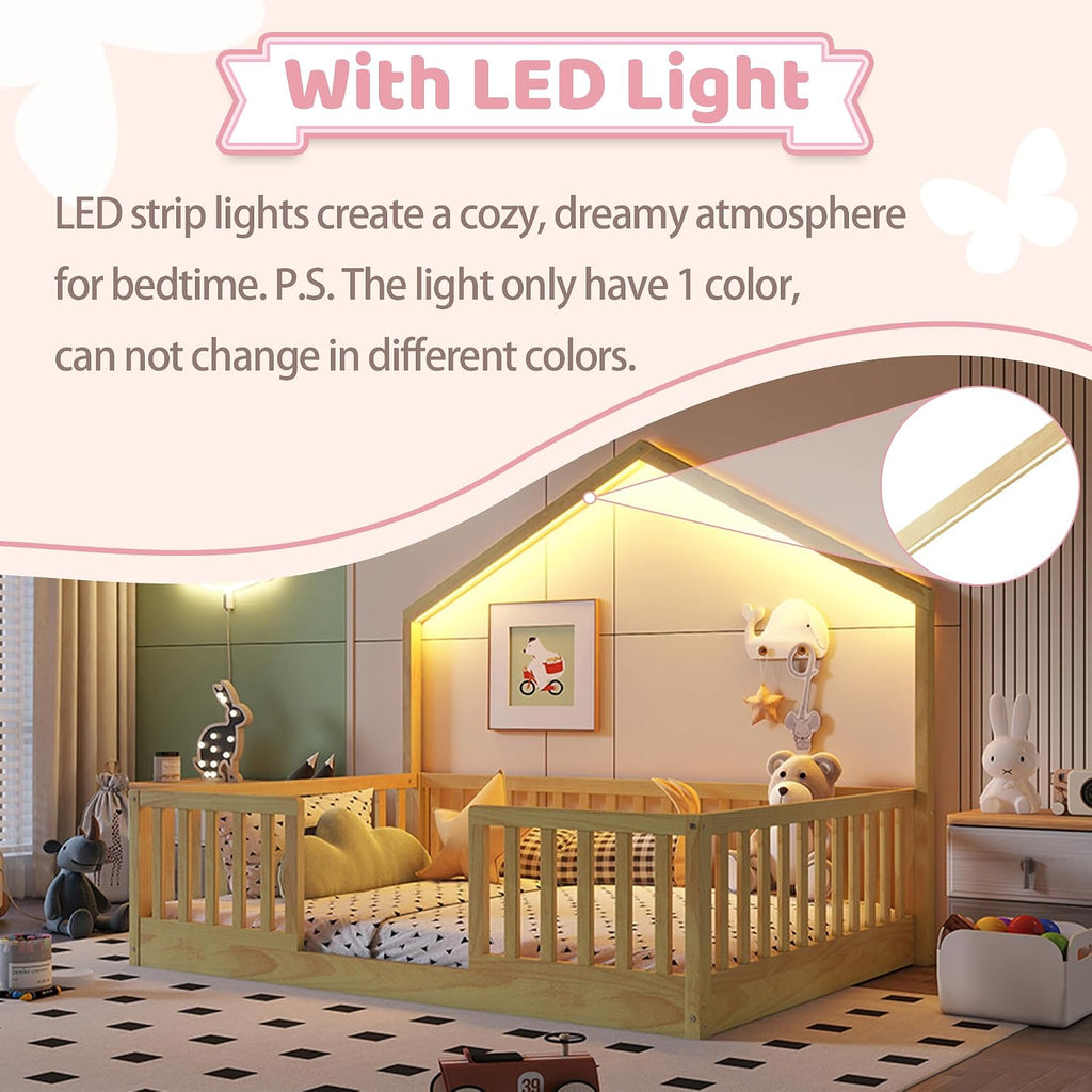 Montessori House Floor Bed with High Rails and LED Light, Natural