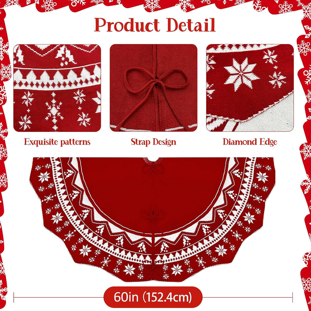 Christmas Tree Skirt 60 Inch, Knit Red Tree Skirt with Poinsettia Pattern, Rustic Double-Sided Large Knitted Xmas