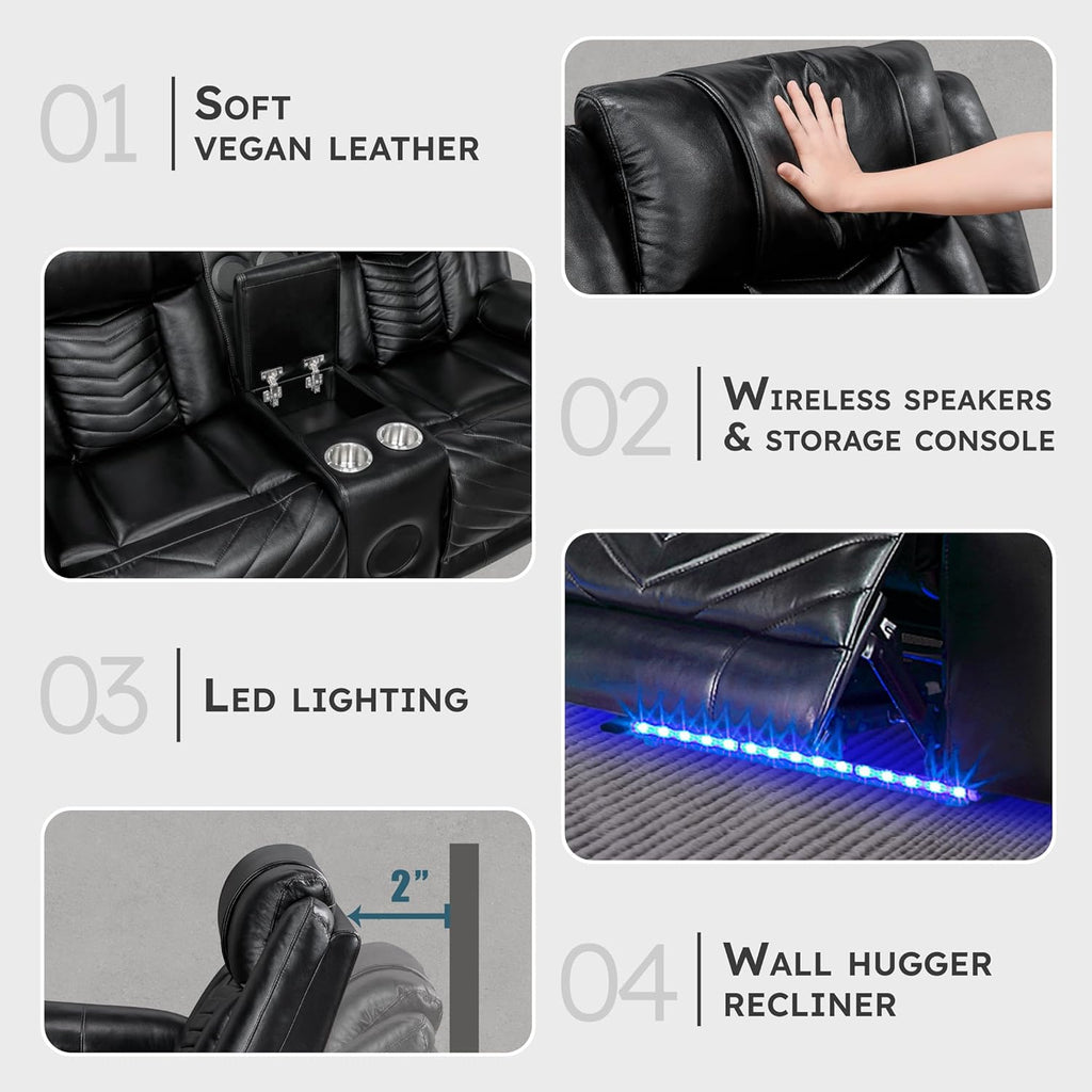 Lexicon Wall Hugger Power Double Reclining Loveseat with Console, Faux Leather Home Theater Seating with LED Lighting