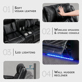Lexicon Wall Hugger Power Double Reclining Loveseat with Console, Faux Leather Home Theater Seating with LED Lighting