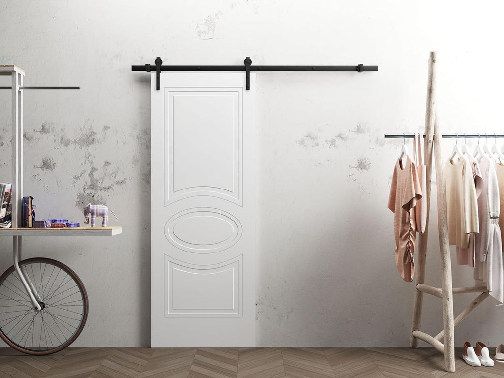 Mela 7001 | Interior Single Sliding barn Door, no Glass, MDF, 42x84, White, Classic Style | Hardware