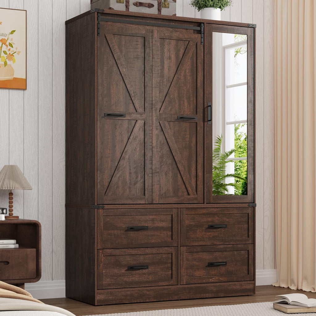 Farmhouse 3-Door Armoire Closet w/Mirror & LED, Rustic Brown