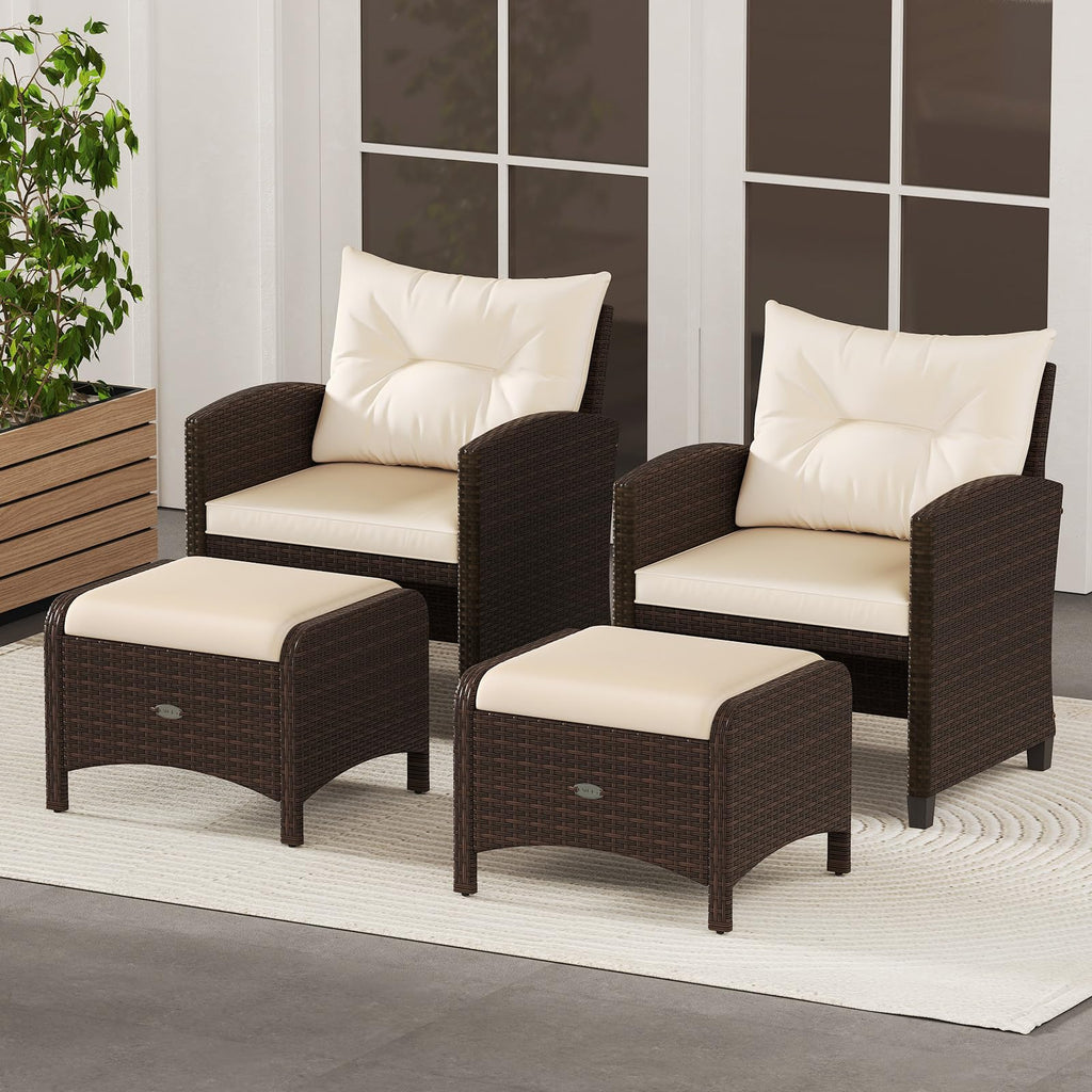 Wicker Outdoor Ottomans - Set of 2 Rattan Footstools w/Removable Cushions, Multipurpose Outside Foot Rest, Side Table