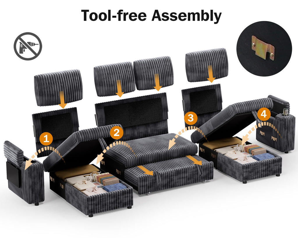 108" Modular Sectional Sleeper Sofa with Pull Out Bed, 4 Seat Plush Corduroy U Shaped Couch with USB Ports|Cup