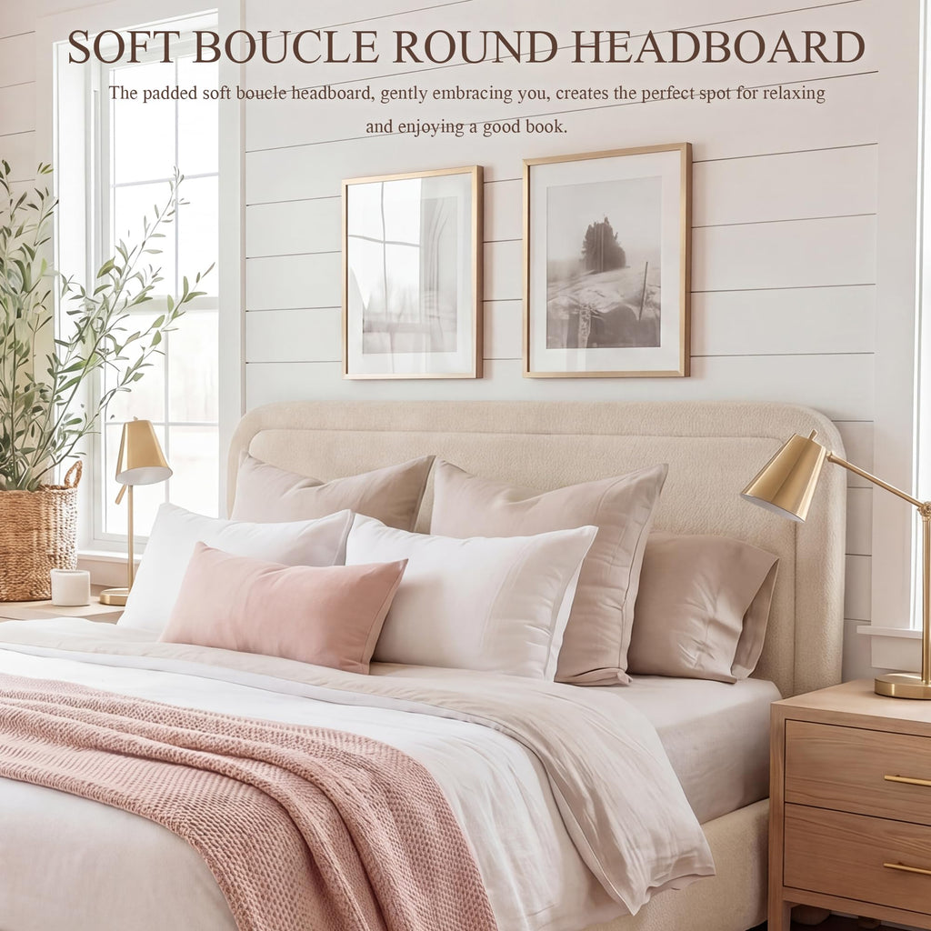 Cloud Queen Size Bed Frame with Headboard, Solid Wood Legs, Khaki