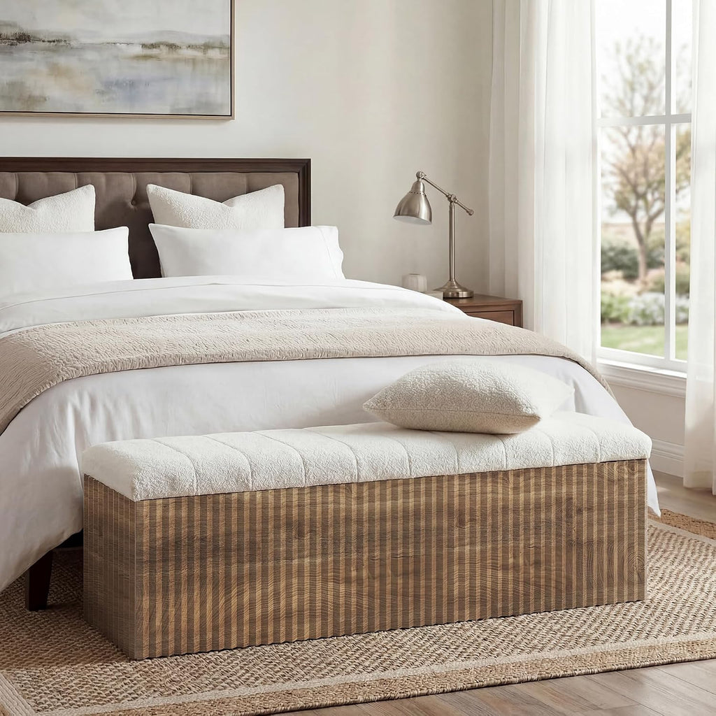 Upholstered End of Bed Storage Bench, 63" Farmhouse Wooden Entryway Bench with Cushion, Padded Ottoman with Shoe
