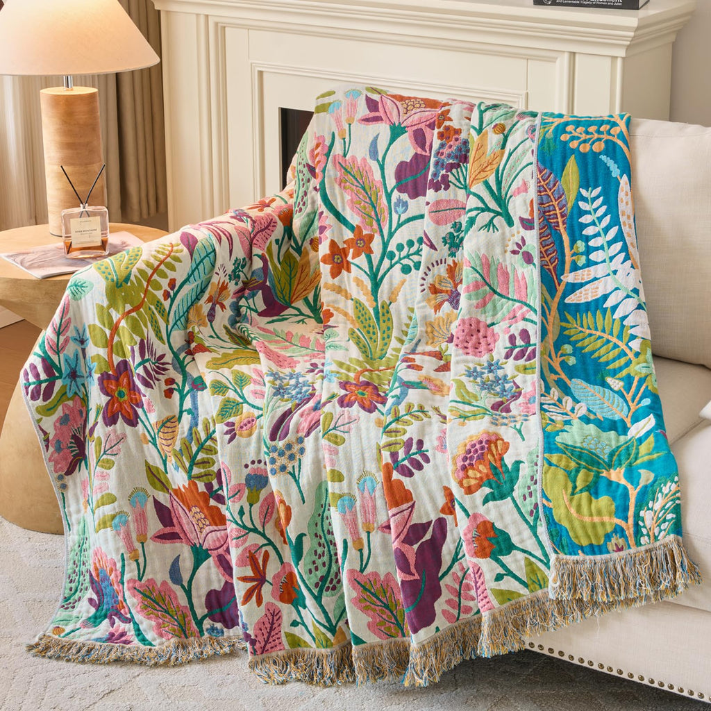 Boho Throw Blanket, 100% Soft Cotton Floral Quilt, 90"x 98"