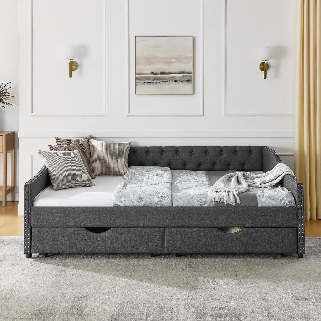 Wood Queen Size Daybed, Day Bed Frame with 2 Storage Drawers, Upholstered Bed Frame Queen Sofa Bed with Button and