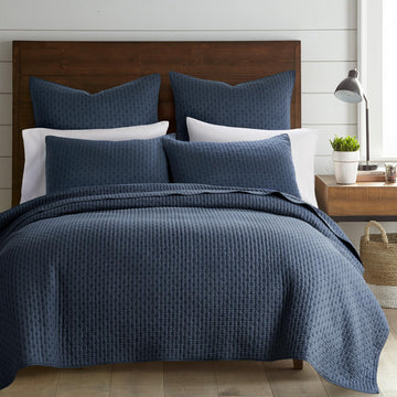 Cross Stitch Reversible Quilt Set (106x92in) and 2 Pillow Shams (36x20in) - Stitch Texture - Navy