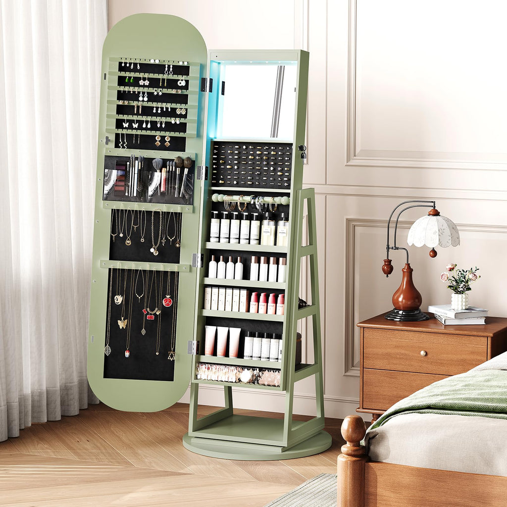 360° Swivel Jewelry Mirror Cabinet with Lights, Green
