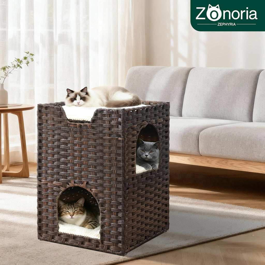 Cat Bed for Indoor Cats, a Stylish Cat Hideaway & Cat House - Handwoven Rattan Cat Cave Bed with Soft Cushion