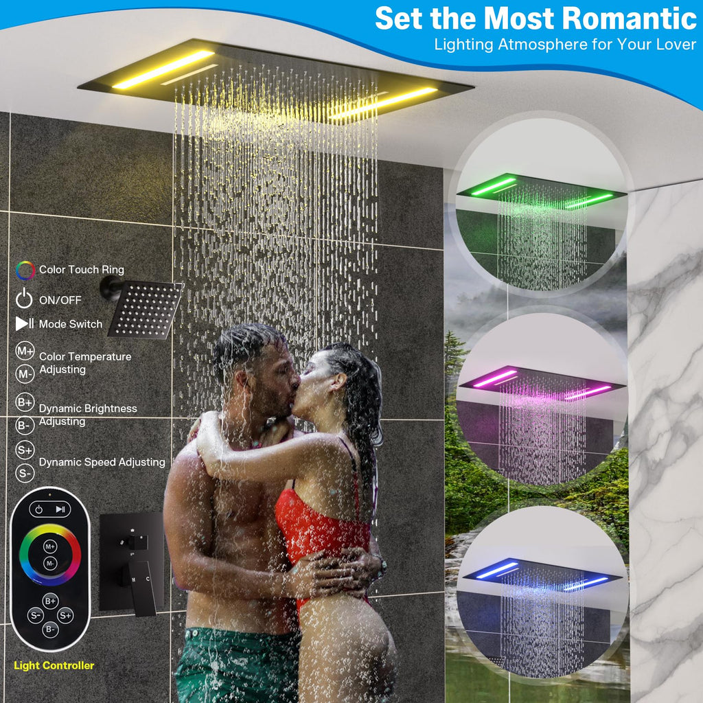 Dual Rain Shower Head System, 2 In 1 Functions Ceiling Mount 14x20inch LED Shower Head with 6 Inch Shower Head