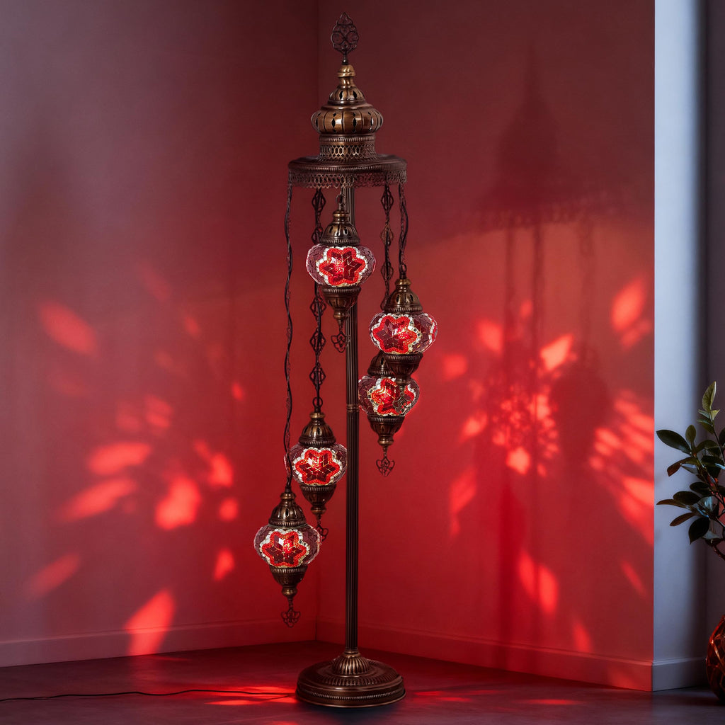 Turkish Mosaic Floor Lamp, 5 Globe Boho Lighting, Red