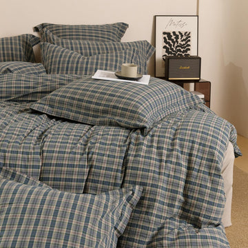 100% Washed Cotton Soft Farmhouse Plaid Duvet Cover, Zipper & Ties