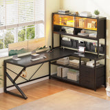 L Shaped Gaming Desk, Home Office Computer Desk with 2 Drawer and Bookshelf, L Shaped Gaming Desk with LED Light