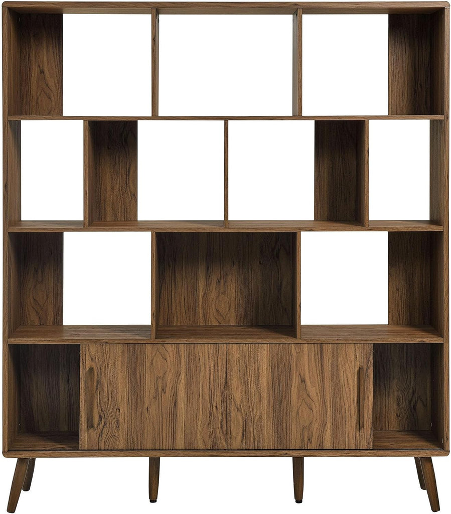 Transmit 14 Shelf Bookcase with Sliding Doors in Walnut - 59 Inch Wood Mid-Century Modern Bookshelf - 4 Tier Wide