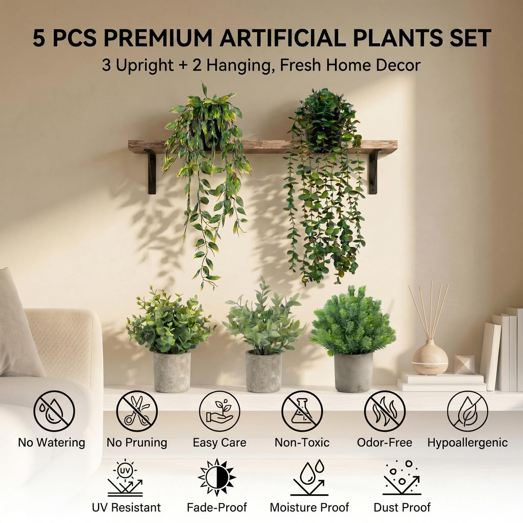 Artificial Hanging Plants 5 Pack - Small Fake Potted Ivy Plants for Indoor or Outdoor Décor, Wall Shelf Home Office