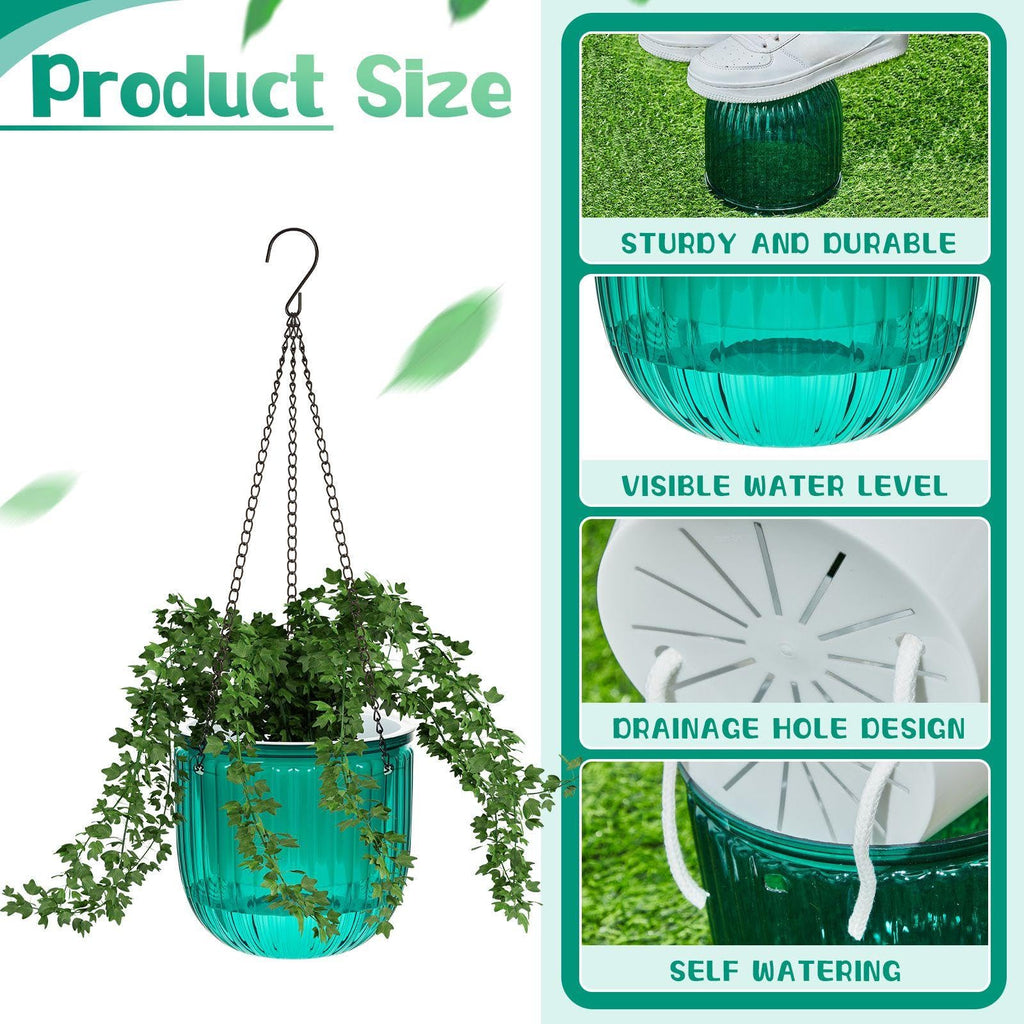 4 Pcs Self Watering Hanging Planters 6.5 Inch with Chains, Emerald