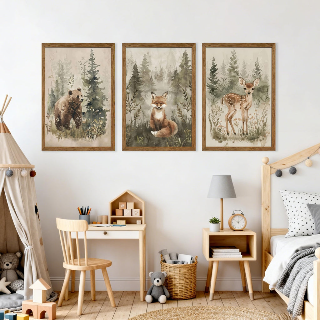 Woodland Nursery Wall Decor, Forest Animal Nursery Wall Art, 12x16