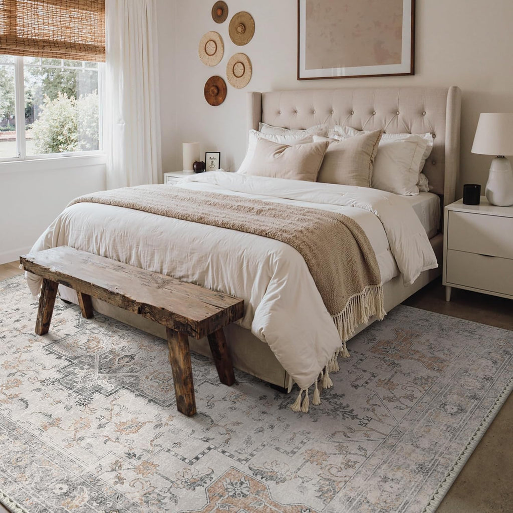 5X7 Area Rugs for Living Room, Machine Washable Non Slip Vintage Rugs, Low Pile Lightweight Chenille Print Rug for