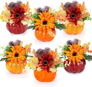 Mini Fall Pumpkin with Artificial Flower Decorations Thanksgiving Sunflower Centerpieces for Tables Harvest - Set of 6