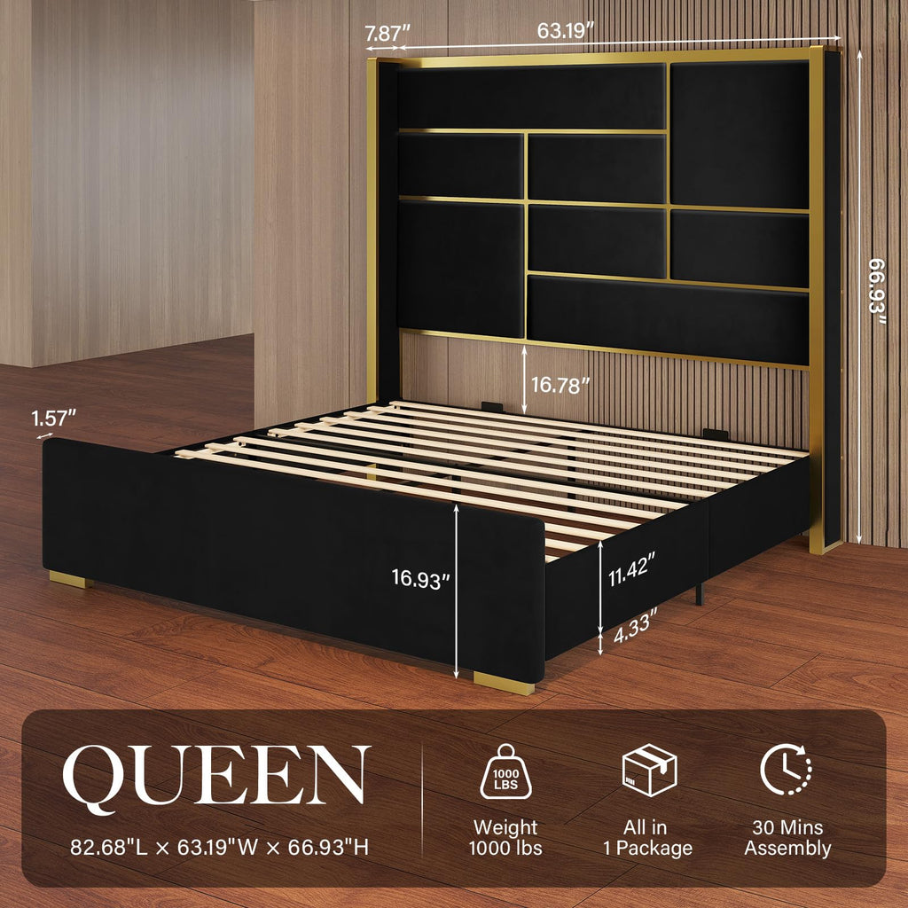 Queen Bed Frame with Gold Trim Headboard, 66.9" Tall Bed, Black