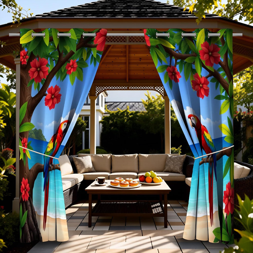 Tropical Scenery Theme Waterproof Outdoor Curtains ,Parrot Pattern,Waterproof,Privacy,Grommet Curtains