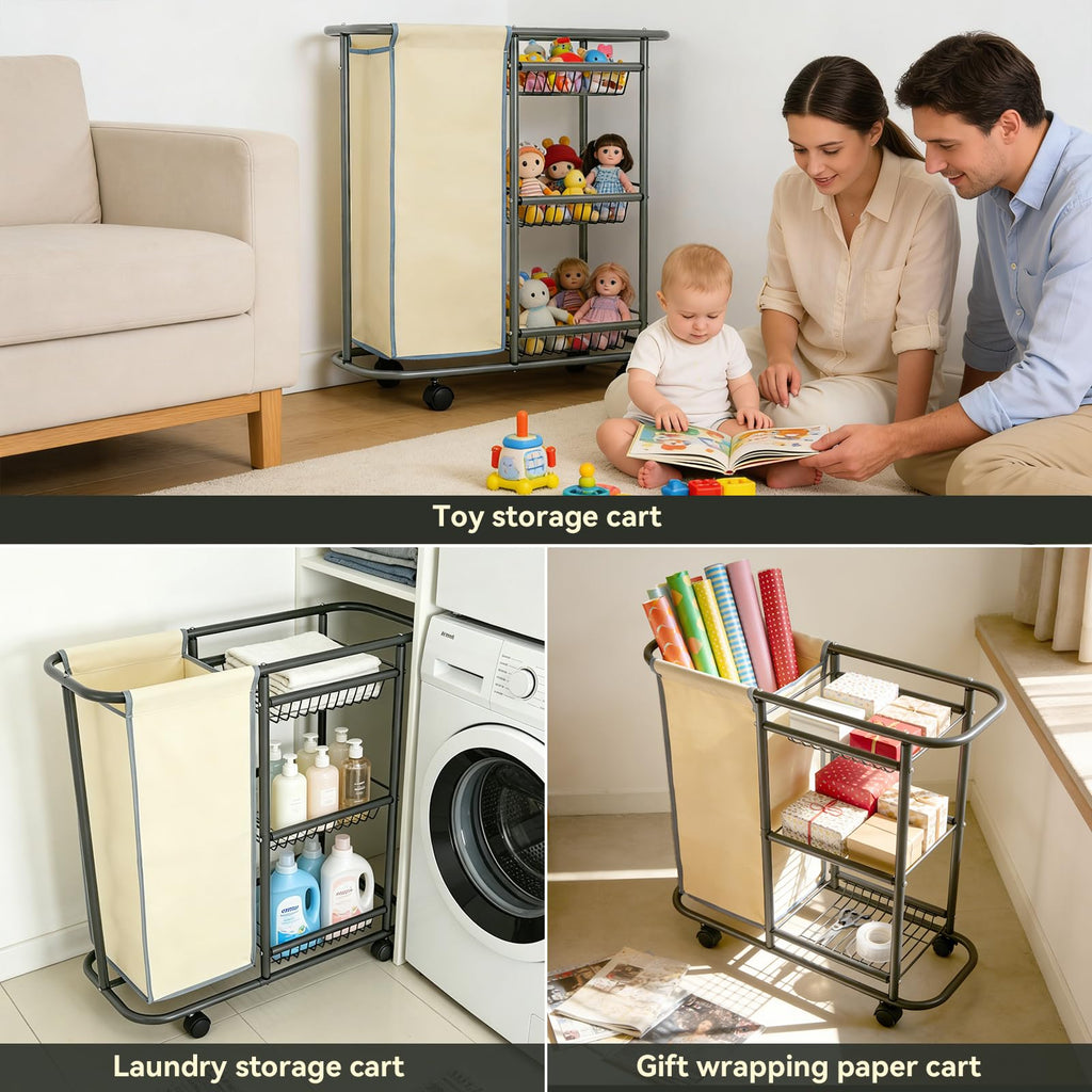 Slim Laundry Cart with Wheels, 3 Tier Rolling Laundry Sorter with 45L Bag